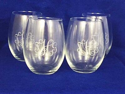 Set of 4 monogramed stemless wine Glasses engraved personalizd free shipping