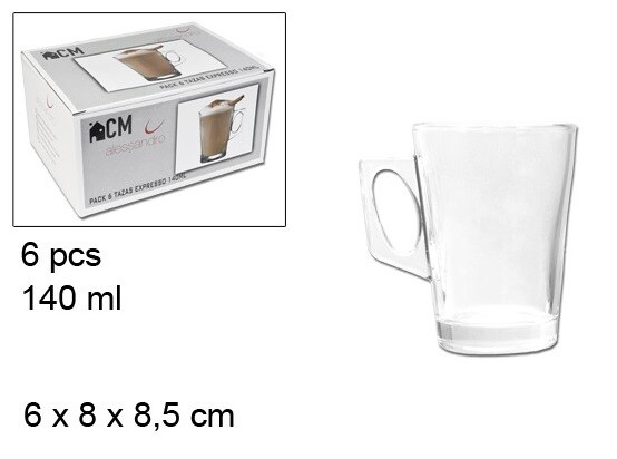 Set 6 Pezzi Tazzine Bicchieri Caffè Cappuccino 140ml In Vetro Con Manico