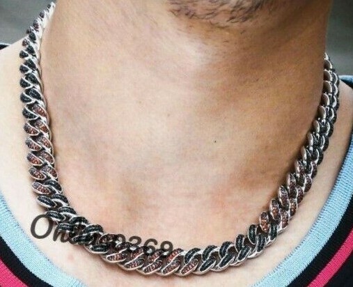 Pre-owned Online0369 Mens 9.9ct Garnet Simulate Black Simulate Cuban Link 12 X 20" Necklace Free Stud In Black & Red