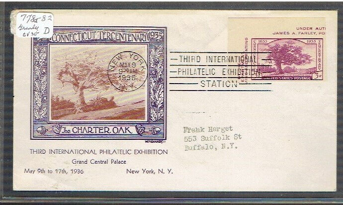 US Planty 778-1 FDC 1936 3c Connecticut Grandy cachet addressed to Frank Herget