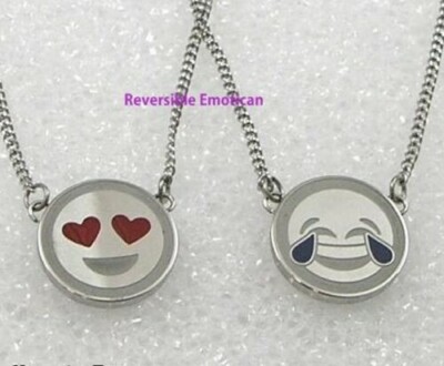 Reversible Emoji Necklace Stainless Steel Emoticon Tears Joy Smiling Face Heart 