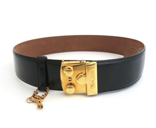 Moschino Logo Plate Belt Leather Patent Black Gold Spell Out Womens Size 48 Belt in leather with logo | Moschino main image 3