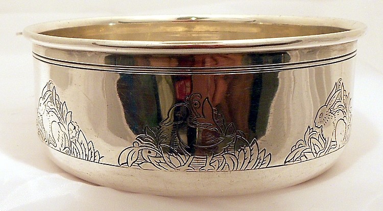 A sterling baby bowl with rabbits and ducks, H.R.Morss & Co., N.Attleboro, Mass