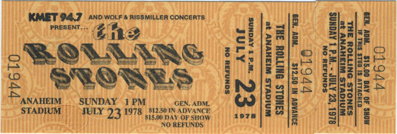 Rare ROLLING STONES 1978 SOME GIRLS Complete Unused Concert Ticket ANAHEIM
