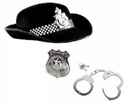 New Ladies British WPC Police Cop Woman Hat Tie Badge Cuffs Fancy Dress 3Pcs Set