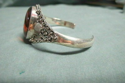 BA Indonisia Sterling Cuff Bracelet Ornate with  Genuiine Amber