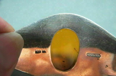 BA Indonisia Sterling Cuff Bracelet Ornate with  Genuiine Amber