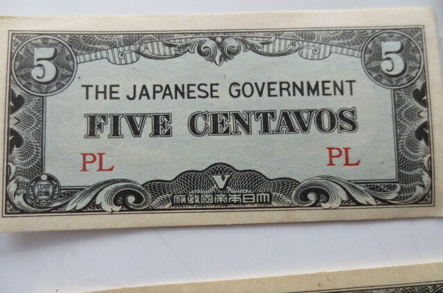 3 De Japansche Regeering  Japanese Gov't Five  Centavos Paper Bills WW2, free sh