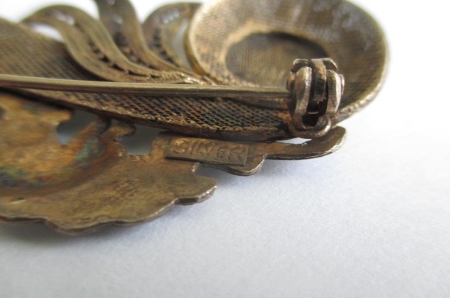 Vintage Chinese Export Filigree Silver Enamel Bat Coral Brooch Pin