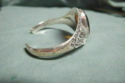 BA Indonisia Sterling Cuff Bracelet Ornate with  Genuiine Amber