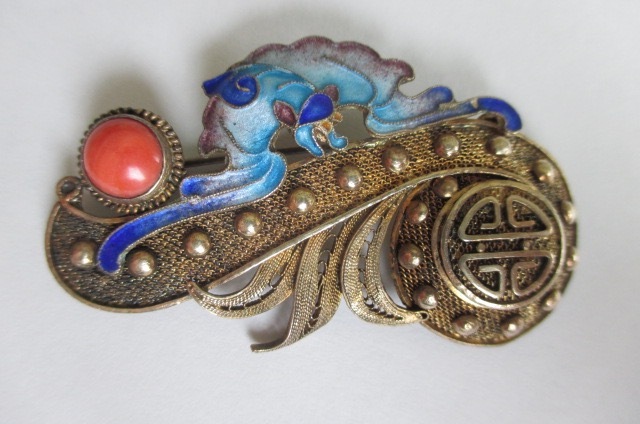 Vintage Chinese Export Filigree Silver Enamel Bat Coral Brooch Pin