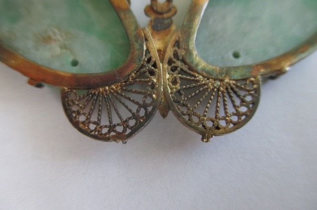 Antique Chinese Jadeite Jade Gilt Silver Butterfly Moth Pin Brooch