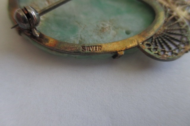 Antique Chinese Jadeite Jade Gilt Silver Butterfly Moth Pin Brooch