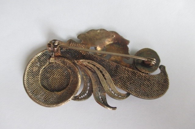 Vintage Chinese Export Filigree Silver Enamel Bat Coral Brooch Pin