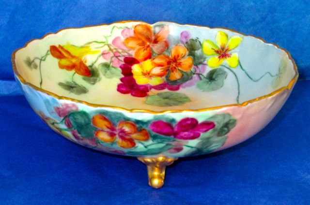 LIMOGES France Antique Hand Painted Nasturtiums Porcelain Large Footed Bowl