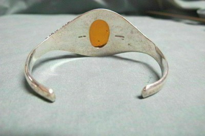 BA Indonisia Sterling Cuff Bracelet Ornate with  Genuiine Amber