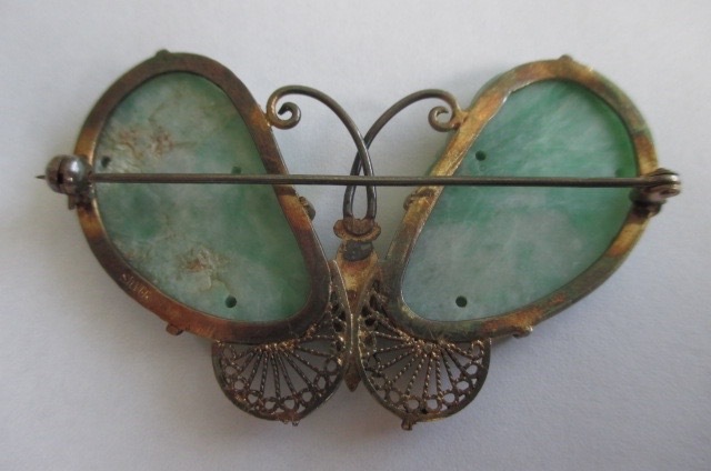 Antique Chinese Jadeite Jade Gilt Silver Butterfly Moth Pin Brooch