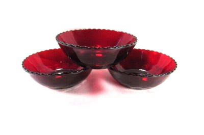 3 ANCHOR HOCKING DEEP RUBY RED THUMBPRINT Fruit /Dessert Bowls
