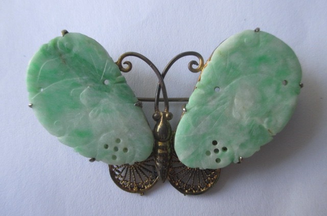 Antique Chinese Jadeite Jade Gilt Silver Butterfly Moth Pin Brooch