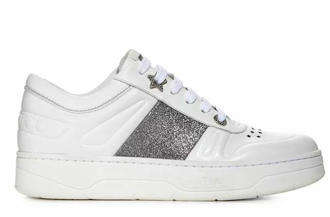 Pre-owned Jimmy Choo Hawaii Leather Lace-up Sneakers White/black Glitter Eu 40.5 /us 10.5