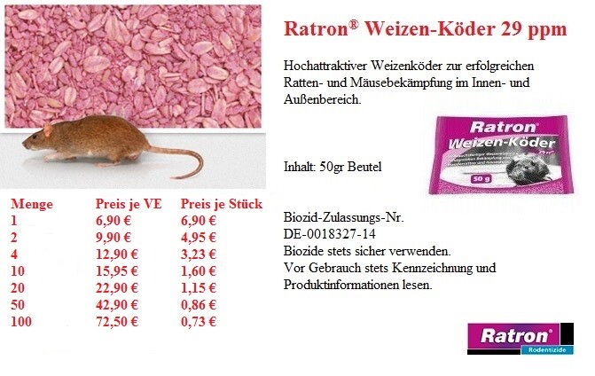 Mäusegift Rattengift Weizen-Köder 29ppm 50 g Rattenköder Rodentizid Mäuse