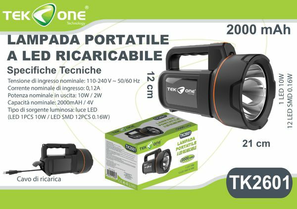 Torcia A Led Ricaricabile TeKone TK2601 Portatile 2000mah 1+12 Led 10W Luce hsb