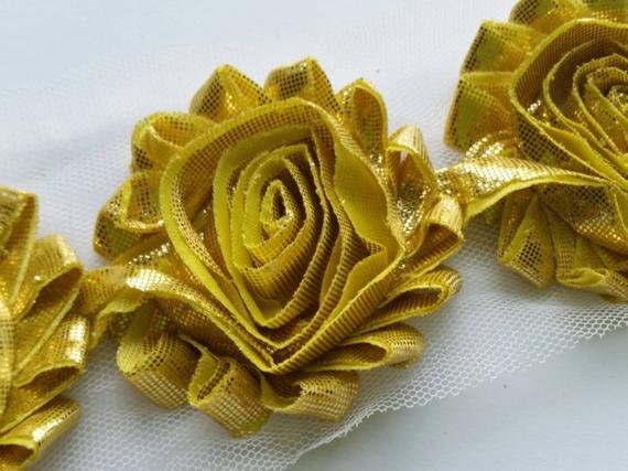 shabby flower , YELLOW metallic shabby rose trim,chiffon flower,headband supply
