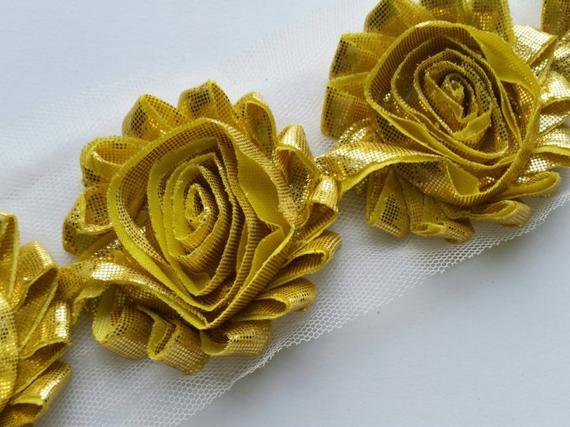 shabby flower , YELLOW metallic shabby rose trim,chiffon flower,headband supply