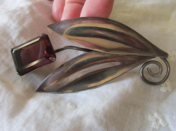 Vintage CORO STERLING Formal BROOCH Large Amethyst Color Stone Ladies