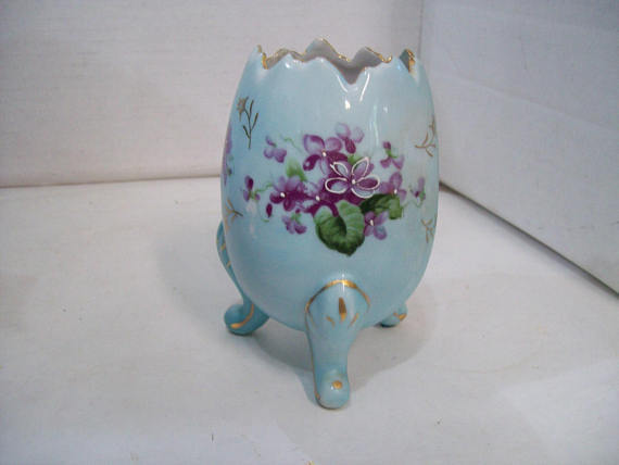 Vintage Japan Fine  Quality Broken Egg Vase Hand-painted Violets w/ Gold Trim G1