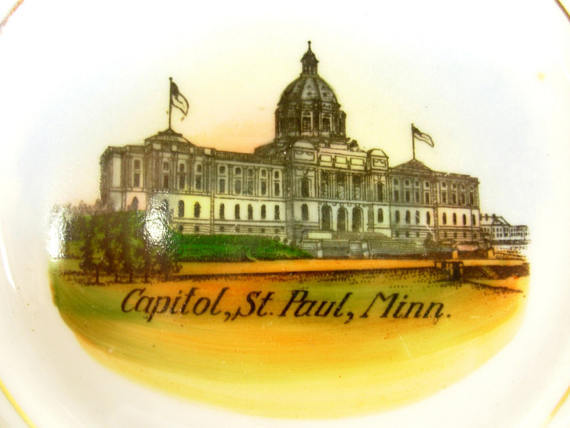 Minnesota State Capitol Souvenir Plate, Pearl Lustre Reticulated Porcelain Dish