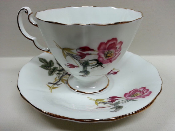 Adderleys Footed Cup & Saucer, Fine Bone China England, Pink Floral H605 Pattern