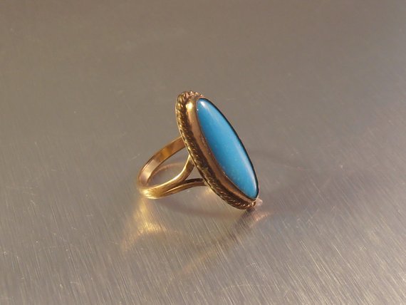 Vtg Edwardian Turquoise Ring, Stamped Gold Shell Size 6.25, Knuckle Length