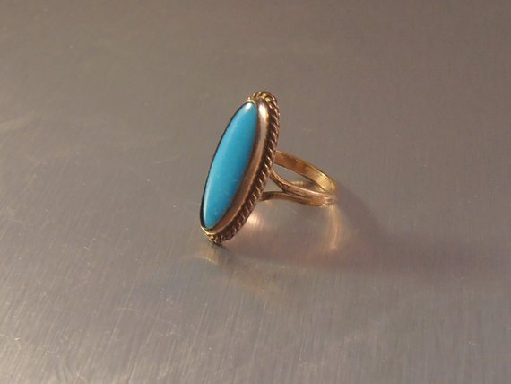 Vtg Edwardian Turquoise Ring, Stamped Gold Shell Size 6.25, Knuckle Length