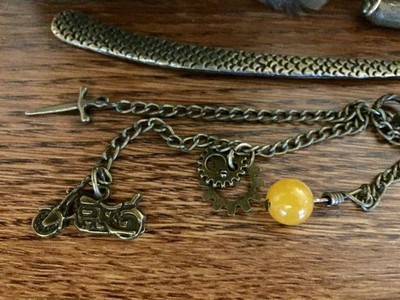Dragon Bookmark Bronze Motorcycle, Sword, Yellow Jade, Harley Ride the Road Bike