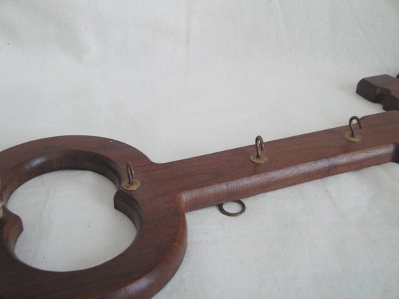 Solid Walnut Key Rack Holder Skeleton Key Shape Vintage Wood USA