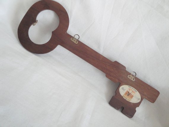 Solid Walnut Key Rack Holder Skeleton Key Shape Vintage Wood USA