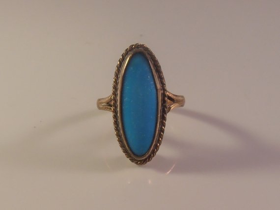 Vtg Edwardian Turquoise Ring, Stamped Gold Shell Size 6.25, Knuckle Length