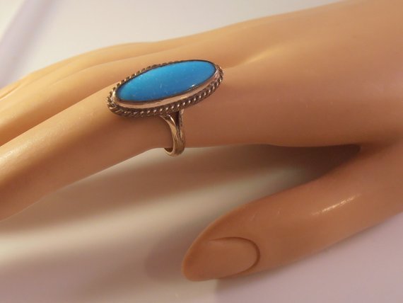Vtg Edwardian Turquoise Ring, Stamped Gold Shell Size 6.25, Knuckle Length
