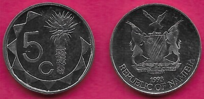 NAMIBIA 5 CENTS 1993 UNC MOPANE ALOE PLANT WITHIN 3/4 SUN DESIGN,NATIONAL ARMS,V
