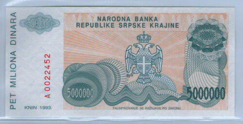 Croatia, 5,000,000 5000000 Dinara 1993 Unc  PR-24 Low shipping USA