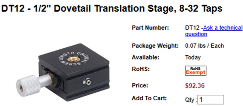 ◭ Authentic ThorLabs ◮ 1/2" Dovetail Translation Stage ~ 8-32 Taps