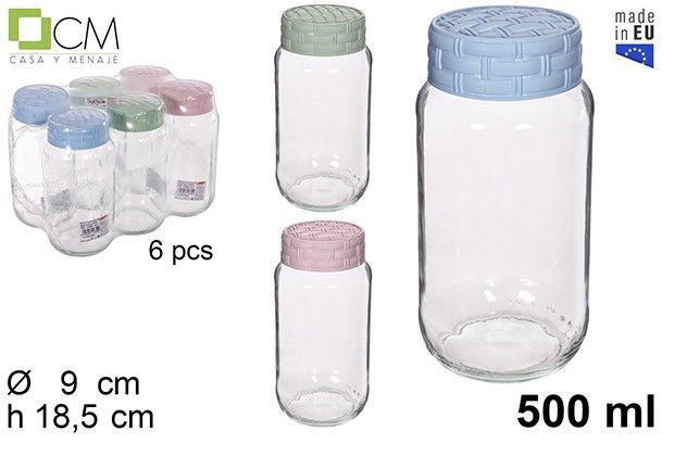 Set 6 Barattoli Contenitori In Vetro 500ml Tappo Colorato Ermetico Rattan dfh