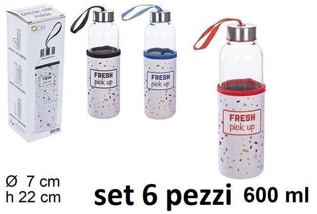 Set 6 Pezzi Bottiglia Borraccia Di Vetro 600ml Con Copribottiglia Colorato dfh