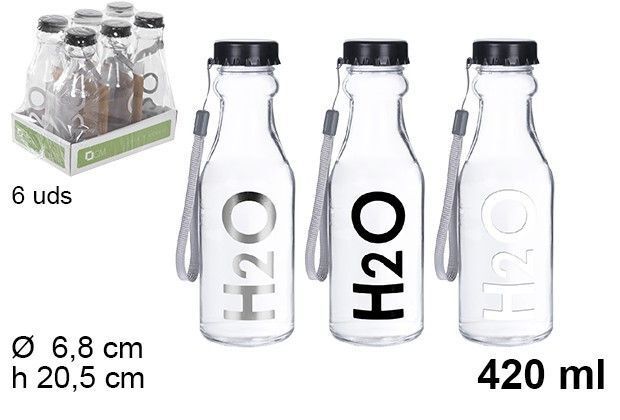 Set 6 Pezzi Bottiglia Borraccia Vetro Trasparente Tappo Alluminio H2O 420ml dfh