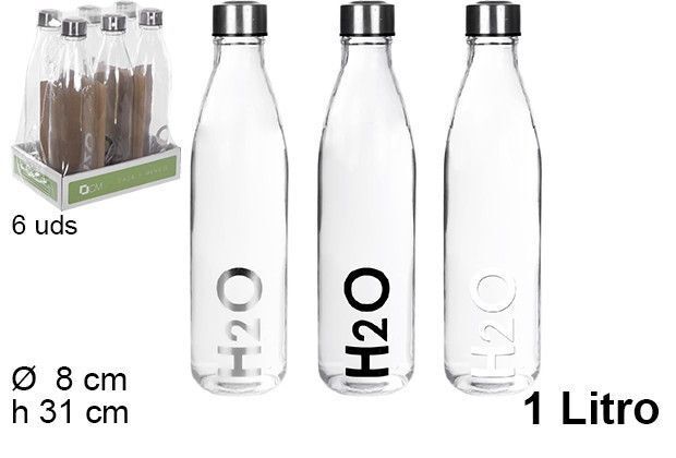 Set 6 Pezzi Bottiglia Vetro Trasparente Tappo Alluminio H2O 1 Litro dfh