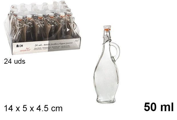 Set 24 Pezzi Bottiglie Bottigline Vetro Trasparente Con Tappo E Manico 50ml dfh