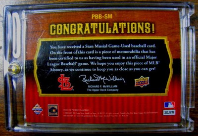 Stan Musial 2008 Upper Deck Premier 3/4 Game Used  Bat Barrel