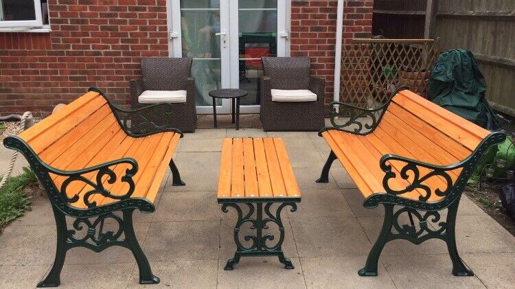 Cast Iron Garden Patio Furniture Set 2 X Benches Coffee Table In