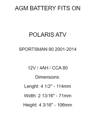 Caltric AGM Battery for Polaris Sportsman 90 2001-2014
